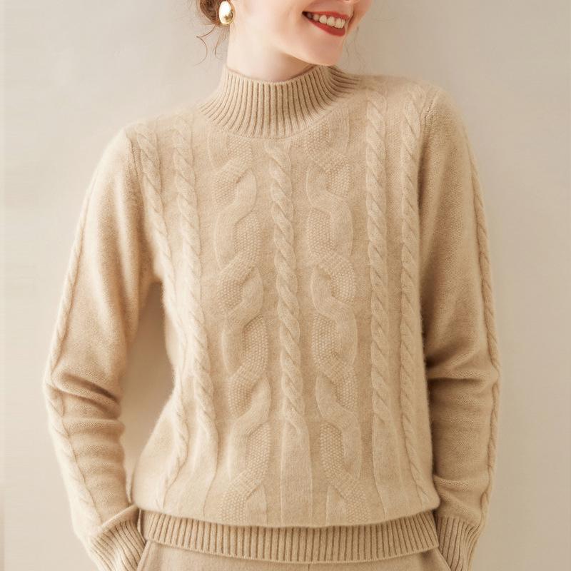 Женский кашемировый пуловер кабельной вязки - Полувысокий воротник, Длинный рукав, Однотонный, Теплый и повседневный базовый слой