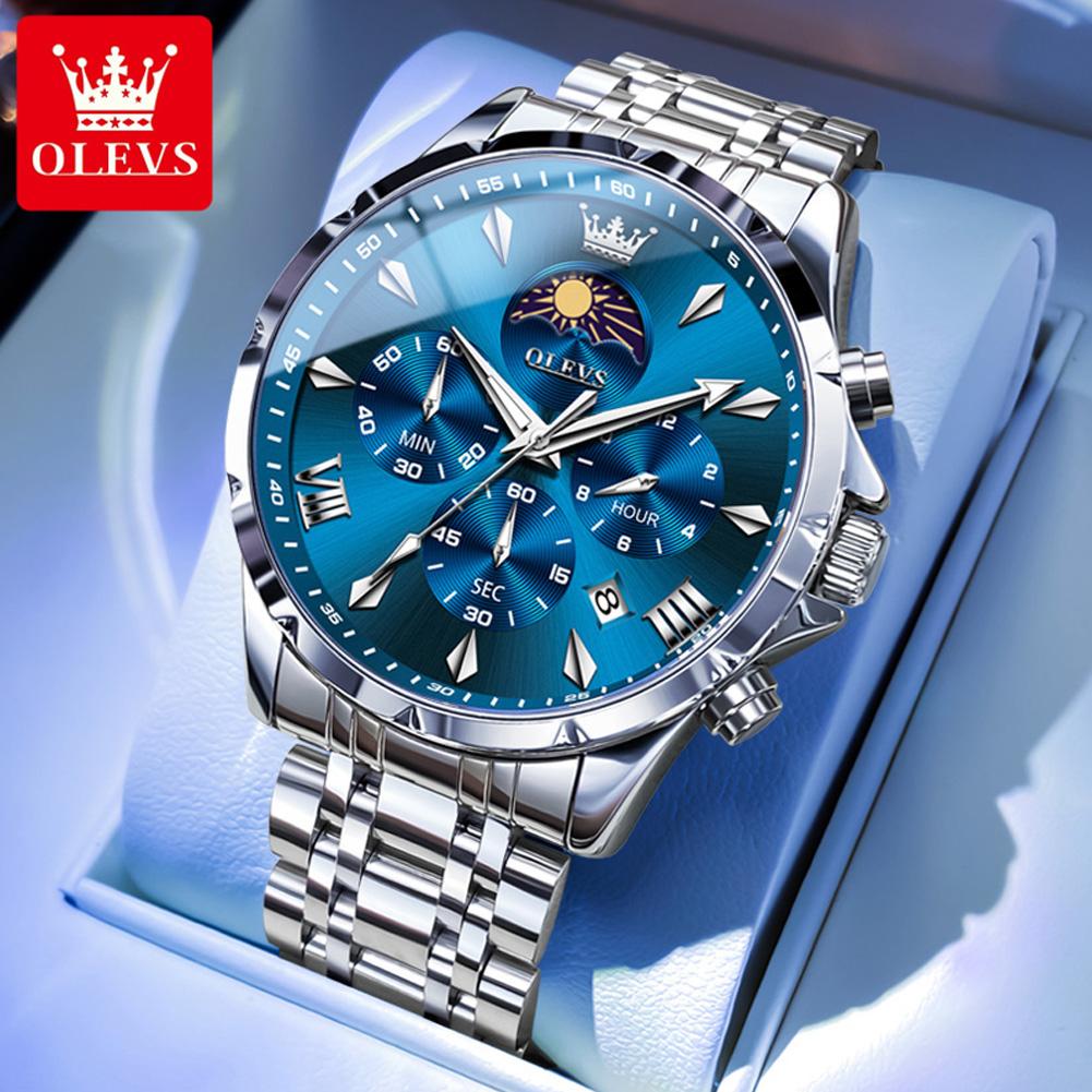 OLEVS Original Men's Watches New 7 Hands Multifunctional Quartz Watch for Men Steel Strap Moon Phase Chrono Waterproof Man Watch