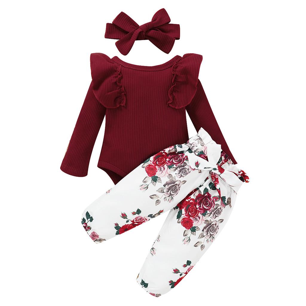 Toddler Baby Girls Long Sleeve Ruffles Romper Bodysuit+Floral Pants Outfits