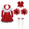 Girls Long Sleeve Contrast Color Shiny Sequins Cheerleading Dress Bowknot Headwear Hand Flowers Striped Socks Performance Set