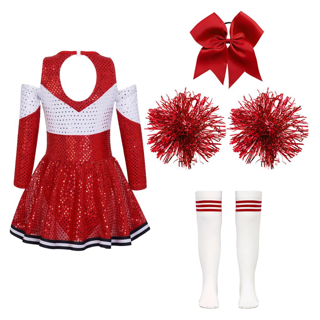 Girls Long Sleeve Contrast Color Shiny Sequins Cheerleading Dress Bowknot Headwear Hand Flowers Striped Socks Performance Set