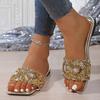 Модные летние женские модные шлепанцы со стразами, золотистые, серебристые, с пайетками, на плоской подошве, сандалии-слайды, женские, с квадратным носком, для улицы, пляжные шлепанцы