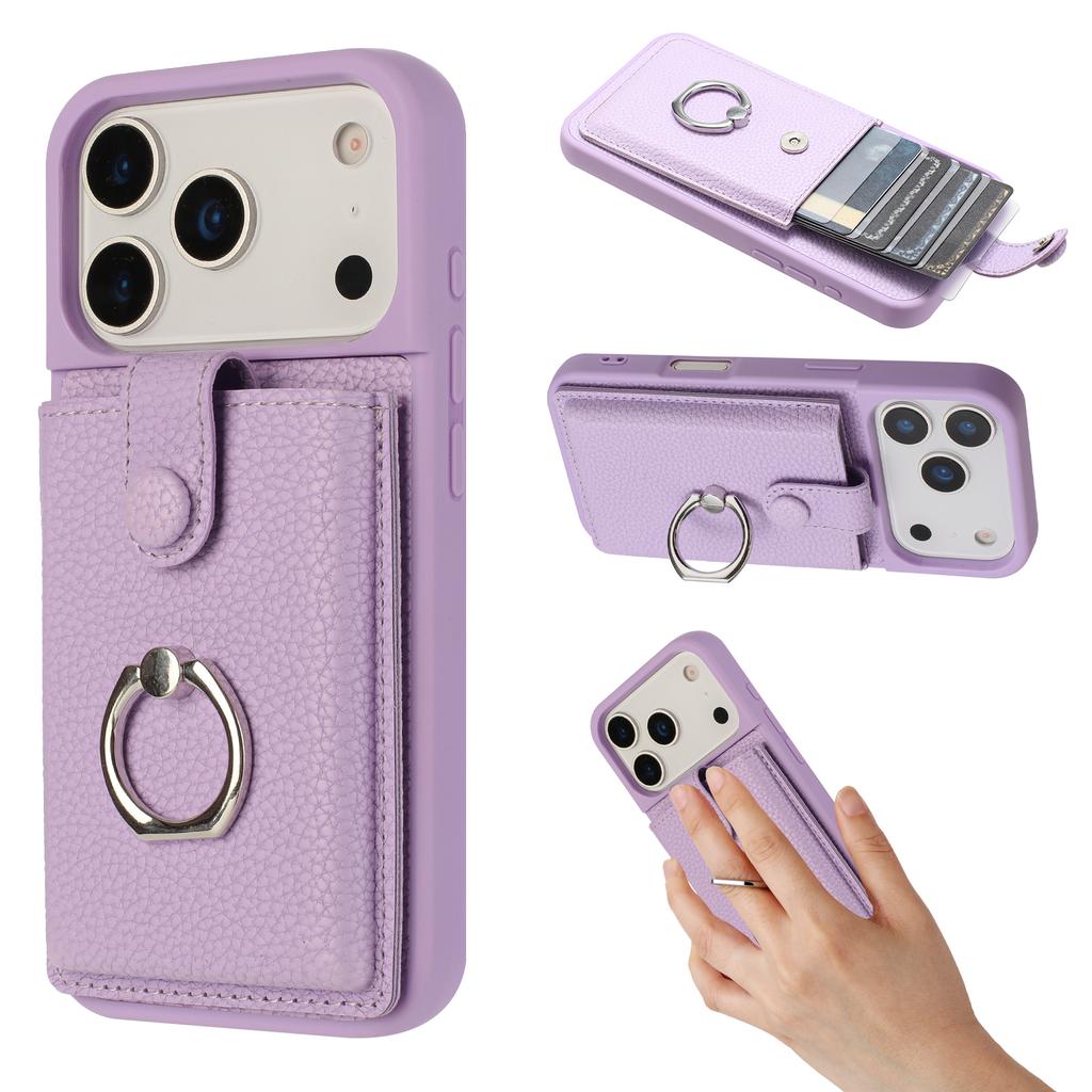 For iPhone 17 Pro Case with Ring Kickstand Drawing Type Card Slots Leather Back Cover