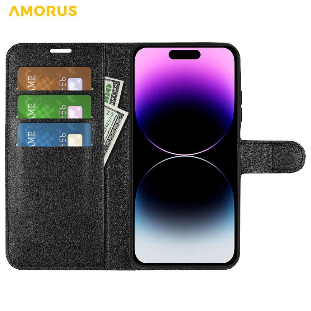 For iPhone 14 Pro Wallet Case Litchi Texture Shockproof Leather Flip Stand Phone Cover