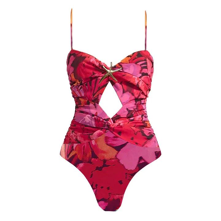 European and American swimwear new starfish decoration floral vacation hollow one-piece swimsuit and umbrella skirt set 11119