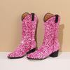 New European and American Style Litter Sequins Sexy Nightclub Boots Pointed Thick Heel Medium Heel Long Women's Boots