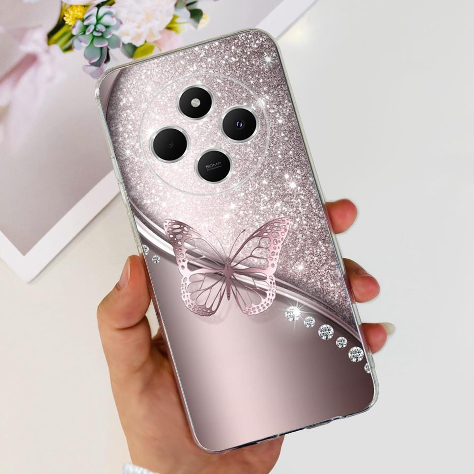 Для Xiaomi Redmi 14C / Poco C75 Задняя крышка Бабочка Роза Цветок Роскошный Девичий Чехол для телефона На Redmi 4C Прозрачный Мягкий ТПУ Прозрачный Чехол