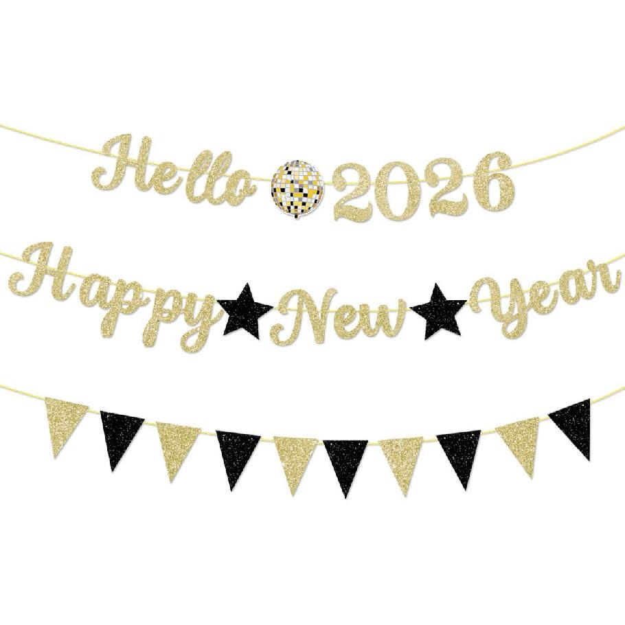 2026 New Year Holiday Decoration Banner Golden Letter Glitter Hello 2026 Happy New Years Banner Black Triangle Flag Star for Happy New Year