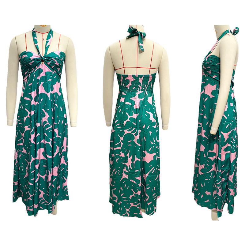 Женское летнее длинное платье с принтом, повседневный сарафан без рукавов до середины икры с лямкой на шее