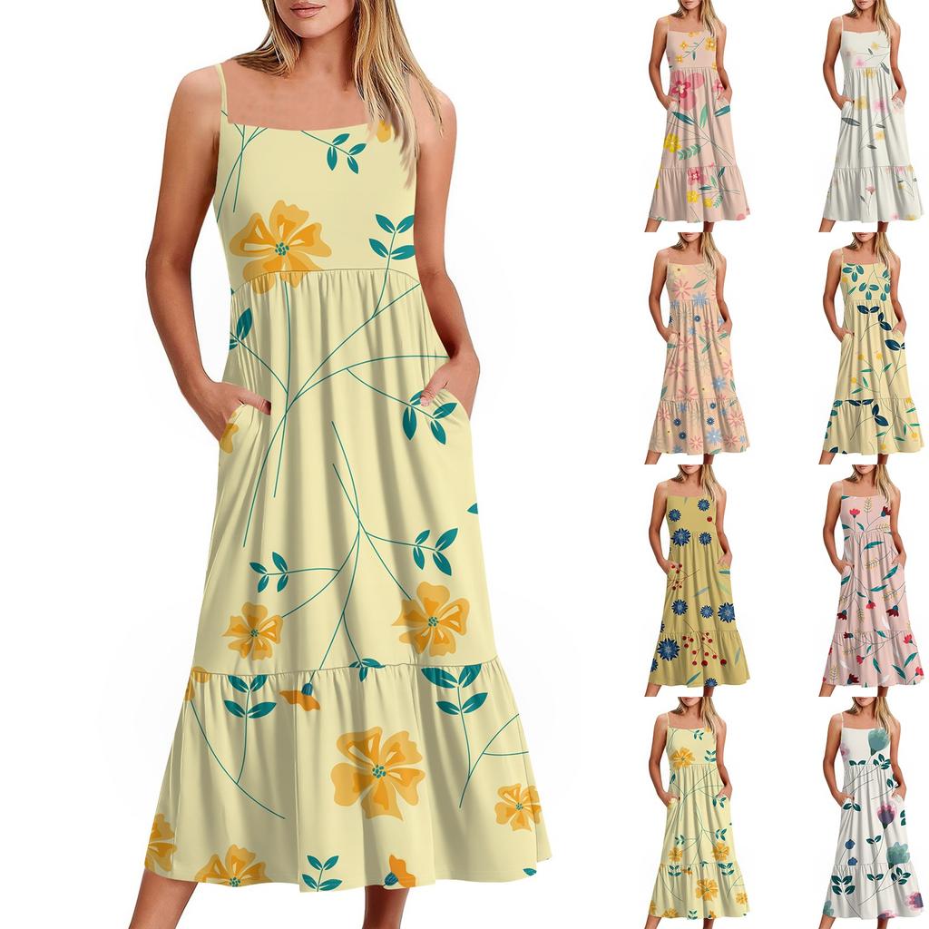 Women's Long Beach Casual Elegant Spaghetti Strap Maxi Dress Floral Low-key Flowing Bohemian Dress