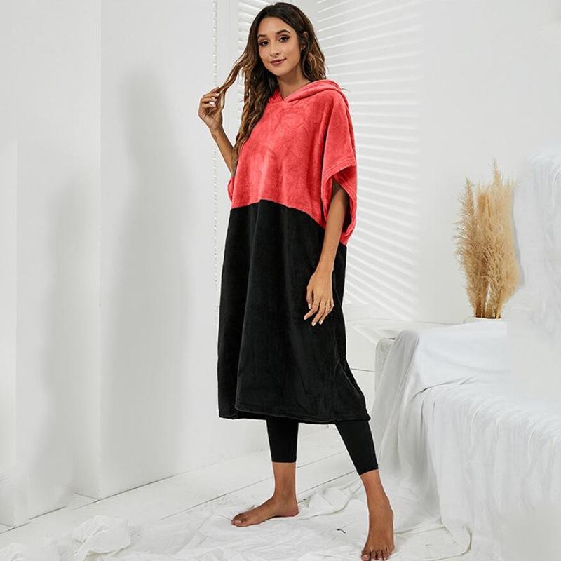 «Летний двухцветный повседневный халат из кораллового флиса с капюшоном»