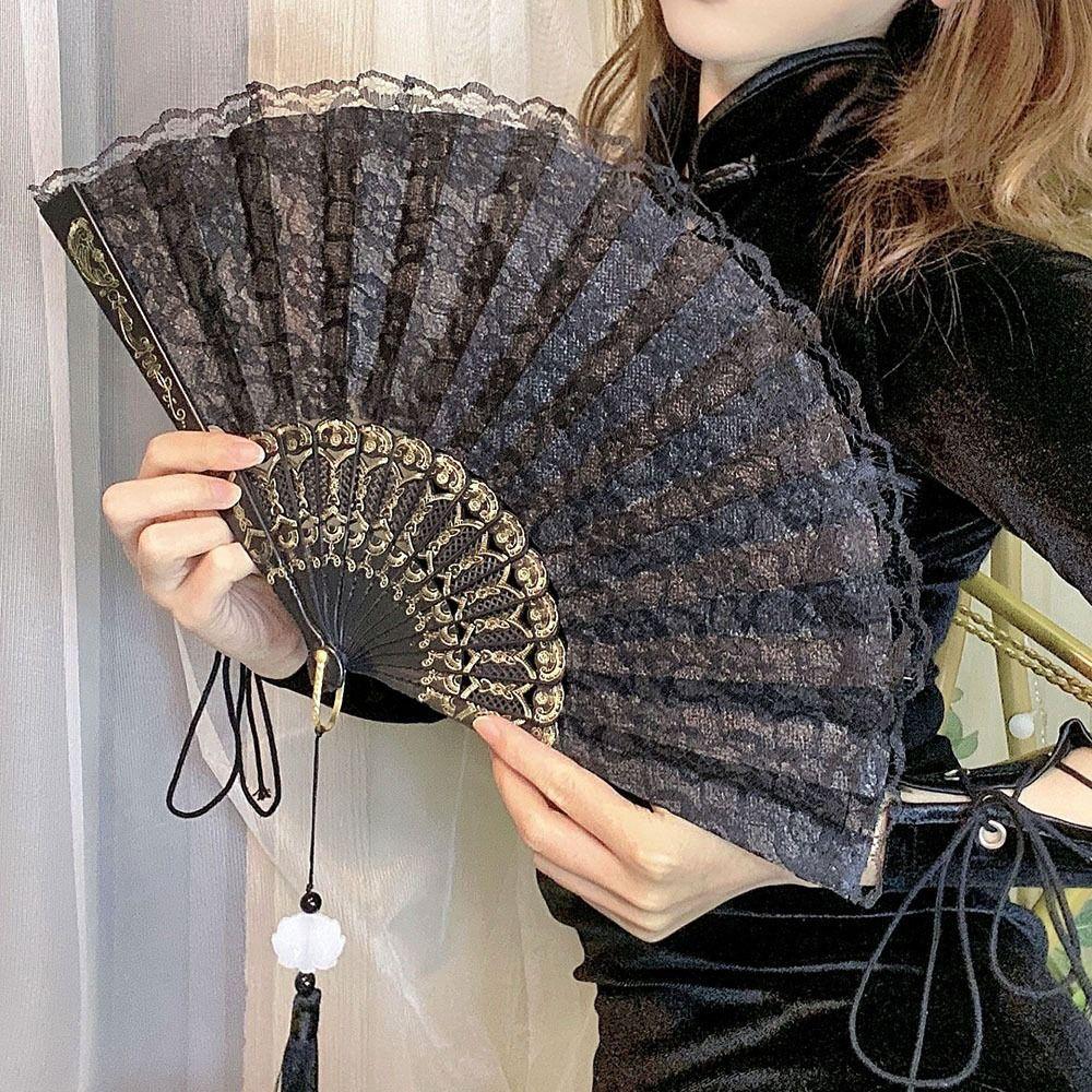 Floral Pattern Folding Fan Tassel Lace Fan Fashion Handheld Fan Photo Props