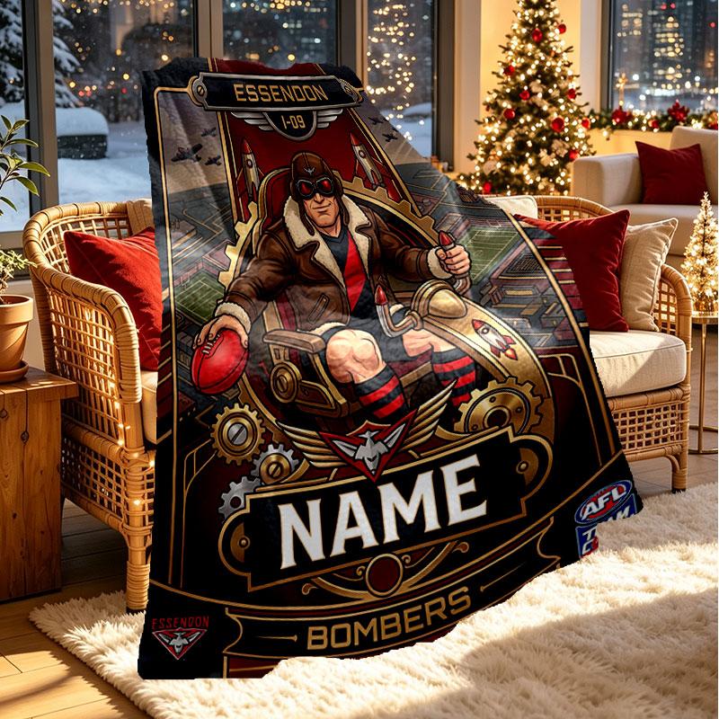Custom Name Personalized Essendon Football Print Blanket, Home Decor, Bedroom, Sofa, Camping, Couch, Gifts for Birthday Christmas