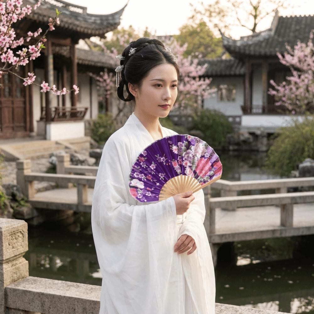 Ретро японский складной веер из ракушек Форма ракушки Цветочный узор Ручной веер Деревянная ручка Изящный веер в китайском стиле Фото реквизит