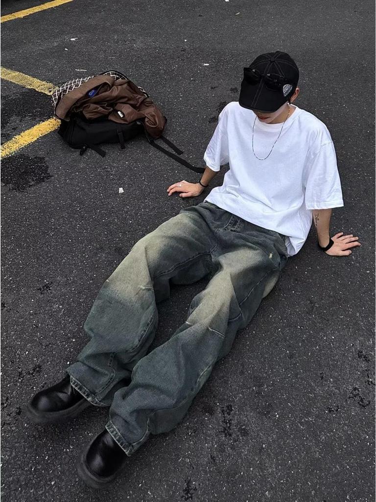 2024 Ретро-стираемые джинсы с широкими штанинами: Повседневные брюки унисекс в американо-японском стиле