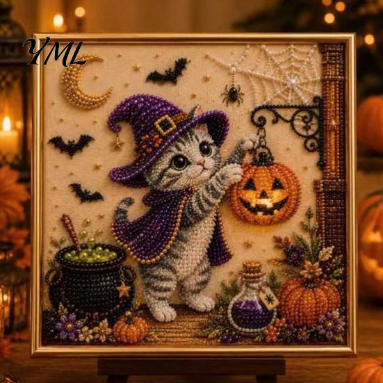 DIY Decorative Wall Hanging Halloween Cat Faux Pearl Painting Art Kit, Spooky 3D Beads Crafting Kits for Beginners Crafts, Cute Witch Gem Adults,