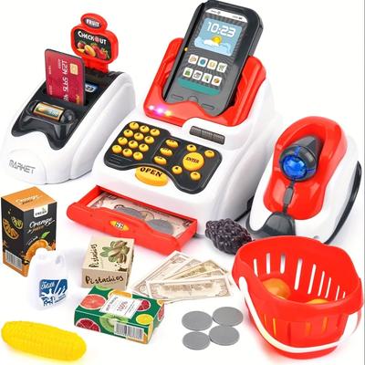 Игрушечный кассовый аппарат для детей из 33 предметов со сканером кассы, считывателем фруктовых карт, игровым автоматом для кредитных карт, игровыми деньгами, набором для покупок продуктов питания