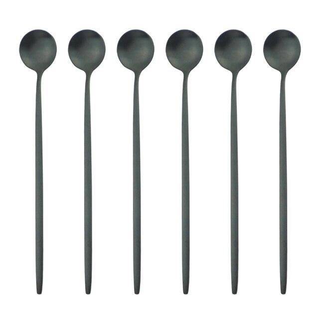 6Pcs/Set Black Long Handle Cutlery Matte Stainless Steel Spoons Polished Stirring Drink Ice Cream Dessert Tea Spoons Dinnerware