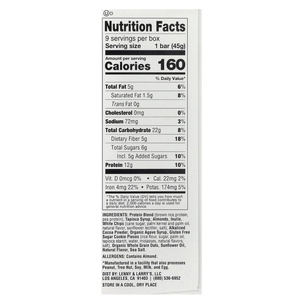 Lenny & Larry'S, The Complete Cookie-Fied Bar®, Cookies & Cream, 9 Bars, 45G (1.59Oz) Each