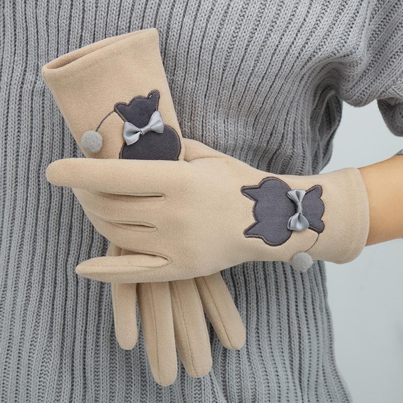 DeRong Gloves for Women In Winter with Extra Fleece for Warmth and Cold Protection, Cat Embroidery, Touch Screen, One Size Fits All