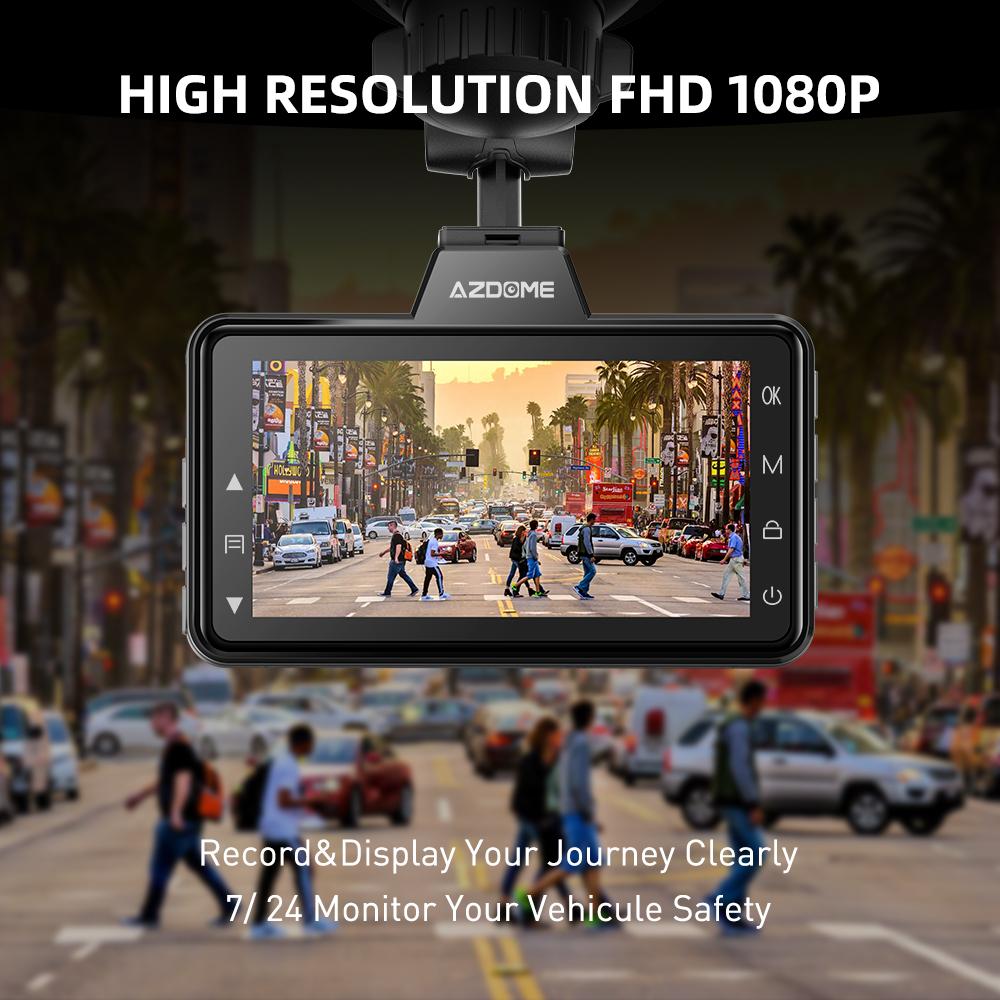 Автомобильный видеорегистратор AZDOME M01 Pro с 2 камерами переднего и заднего вида, разрешение 1080P, 3-дюймовый IPS-экран с картой памяти 64 ГБ, ночное видение, ADAS G-сенсор, круглосуточный режим парковки