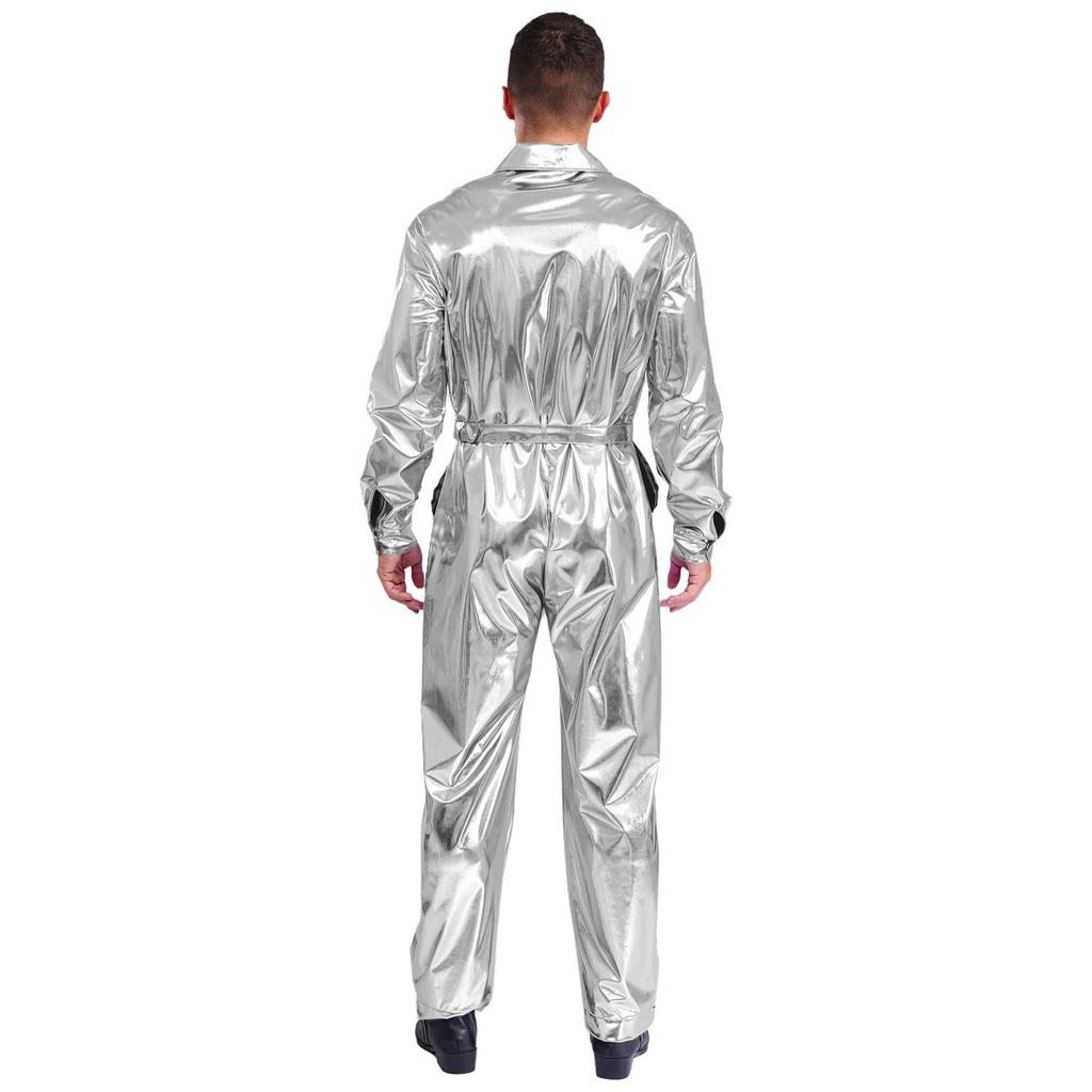 Mens Shiny Metallic Turn Down Collar Long Sleeve High Waist Jumpsuit Halloween Costume