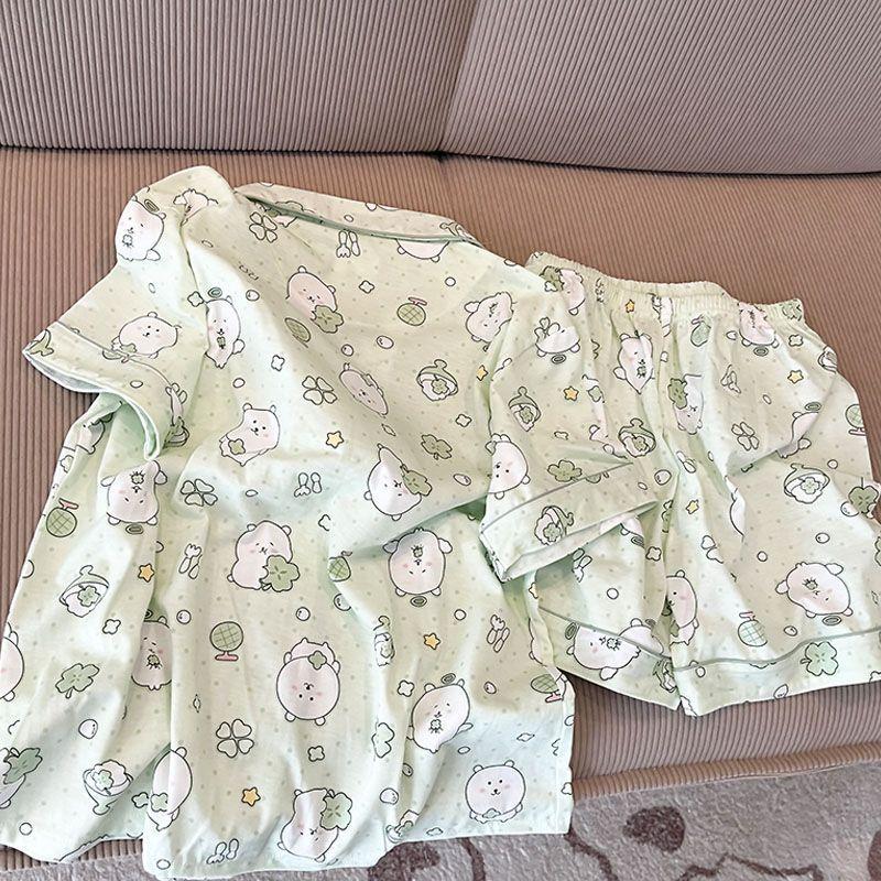 Soft cute princess wind cantaloupe self-deprecating bear pajamas women's summer cardigan short-sleeved shorts set can be worn outside loungewear
