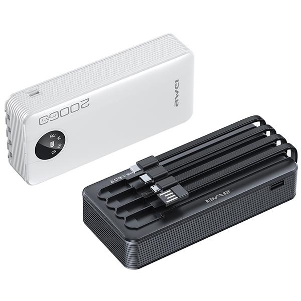 Awei Powerbank P134K 20000Mah Czarny/Black Wyświetlacz + Kable Usb/Pd/Lightning/Microusb