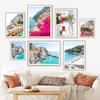 Italy Santorini Amalfi Coast Travel Poster Pink Flowers Wall Art Greek Island Canvas Painting Home Decor Bedroom Decoration