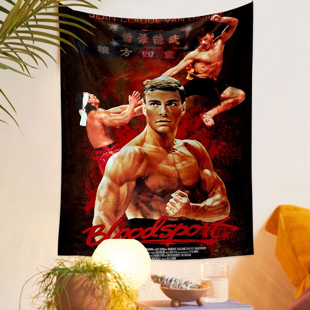Martial artist poses with dynamic red and orange action-themed design. Patterned tapestry for bedroom and living room home decor