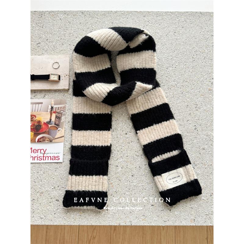 Black and White Striped Plush Small Scarf for Women Autumn and Winter Korean Style  Versatile Thickened  Warm and Cold Proof Narrow Scarf