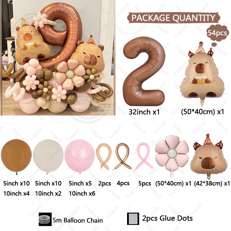 54pcs Retro Caramel Color Balloons Set Capybara Aluminum Foil Balloon Digital 1-9 Aluminum Film Ballons Birthday Party Supply