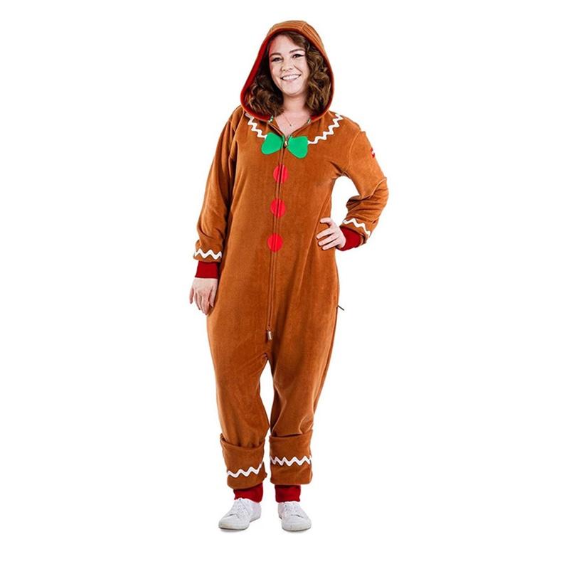 Christmas Gingerbread Man Cosplay Costume Hooded Jumpsuits Adult Kids Xmas Party