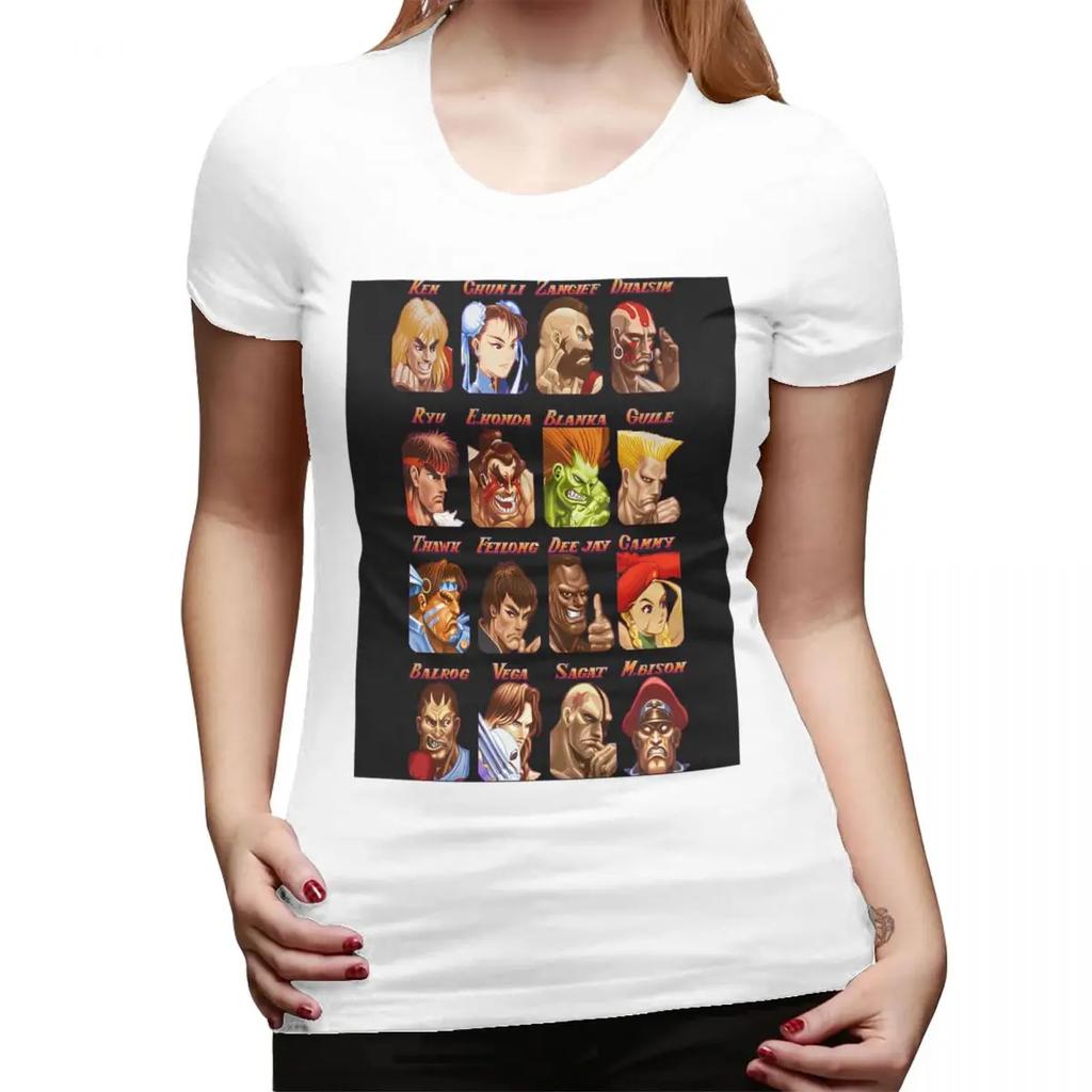 Defeated Portraits Super Street Fighter TShirt for Women Round Neck Streetwear T Shirts Womens Short Sleeve Clothes Tops