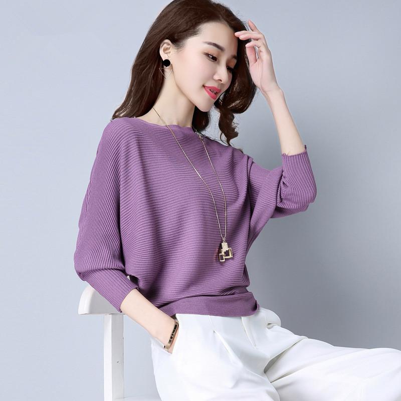 Bat Sleeve Sweater Spring and Autumn Solid Color Pullover Short Long Sleeved Knitted Sweater