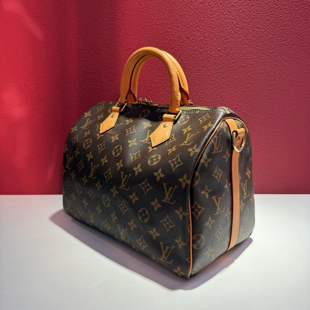 [Pre-Owned] Speedy 30 Iconic Design Rolled Handle Engraved Lock Detachable Adjustable Shoulder Strap Coated Canvas Smooth Leather - Very Good #1DZ6GFI
