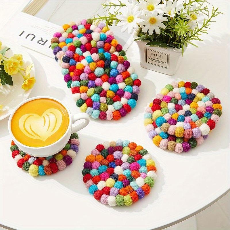 Handmade Rainbow Felt Coasters, Absorbent Wool Coasters for Drinks, Colorful Felt Ball Coasters for Home Bar Decor, 1pc