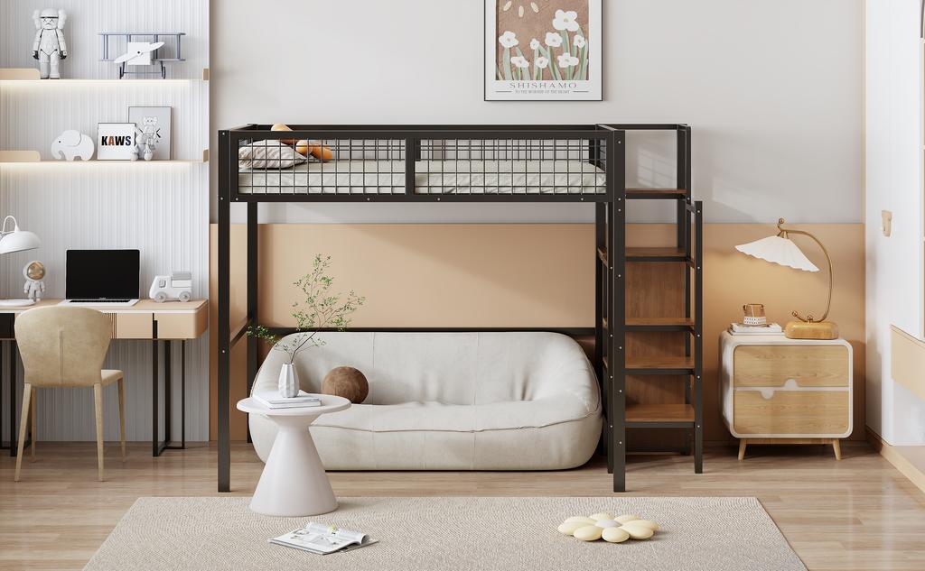 Loft bed 140*200 with ladder, children's bed with iron frame and storage shelf, wardrobe black (Old SKU LDB00198AAB)