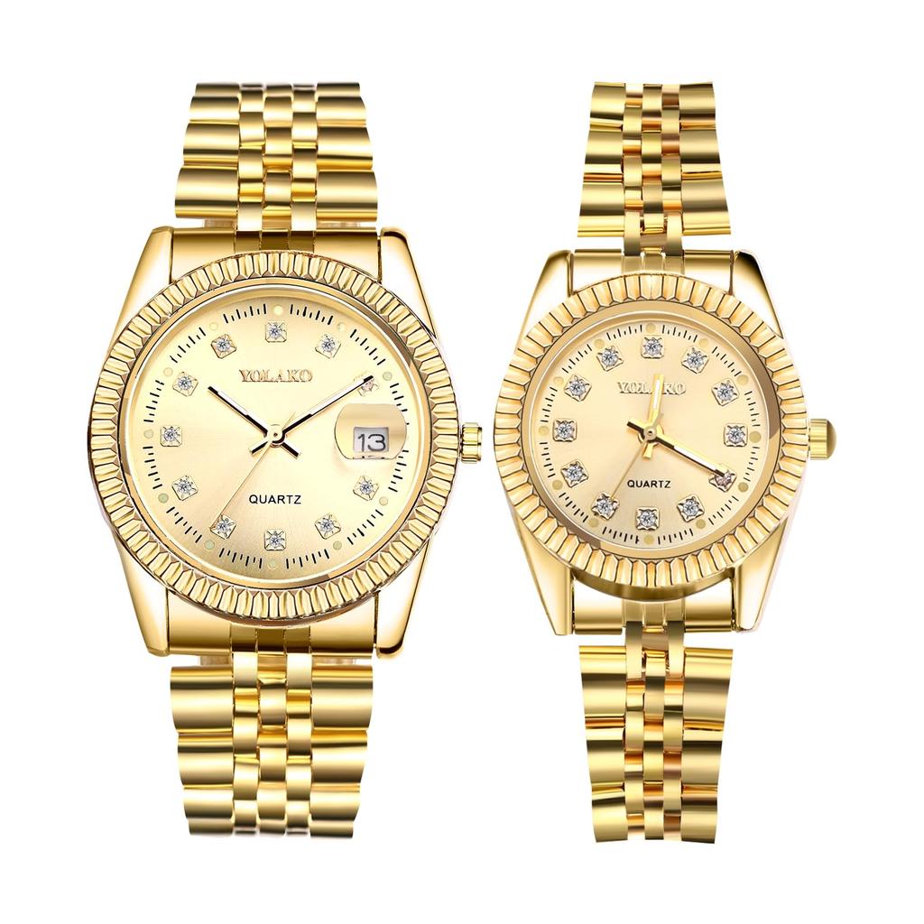 Gold Simple Stylish Diamond Analog Display Stainless Steel Calendar Waterproof Gold Pair Watch Pair Watch Quartz Leisure Business Couple Fashion
