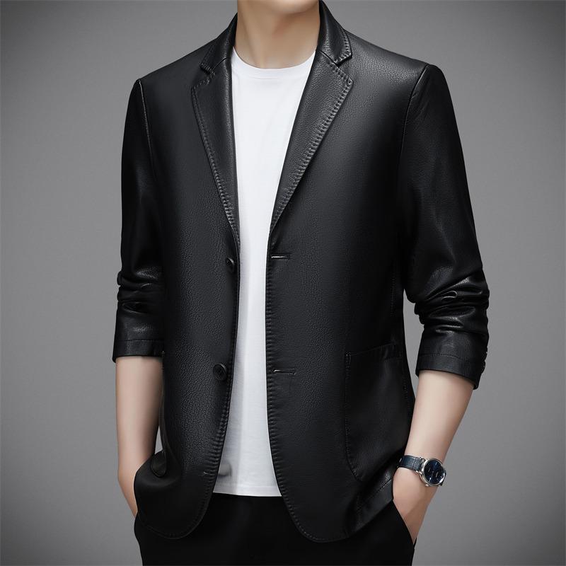 Осенне-зимняя новая одежда из натуральной кожи, мужской костюм с воротником, мужской деловой повседневный кожаный костюм без железа, тонкая куртка, мужское пальто