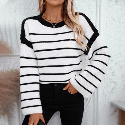 Осенне-зимний пуловер свитер с круглым вырезом в черно-белую полоску для женской верхней одежды, повседневный, оверсайз, в ленивом стиле, вязаный свитер, топ