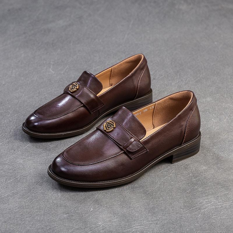 Johnature Однотонные лоферы в стиле ретро, универсальные женские туфли из натуральной кожи на низком каблуке без застежек