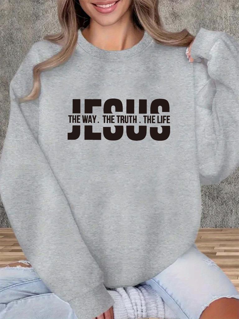 Women's autumn and winter casual loose and comfortable warm JESUS letter pattern printed round neck long sleeved pullover