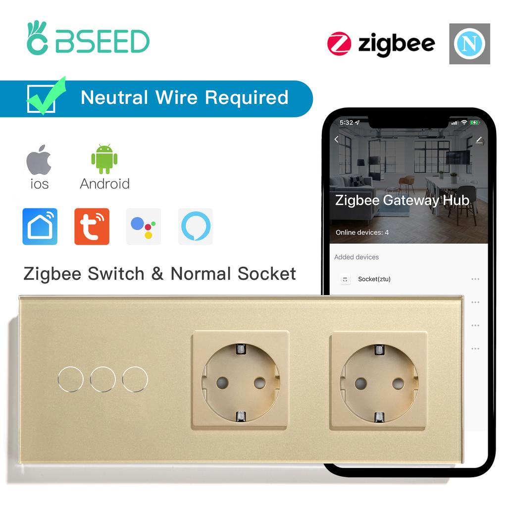BSEED zigbee 1/2/3-клавишные умные сенсорные выключатели Управление через приложение Tuya Smart Life Плюс обычные розетки Стандарт ЕС Требуется нейтральный провод
