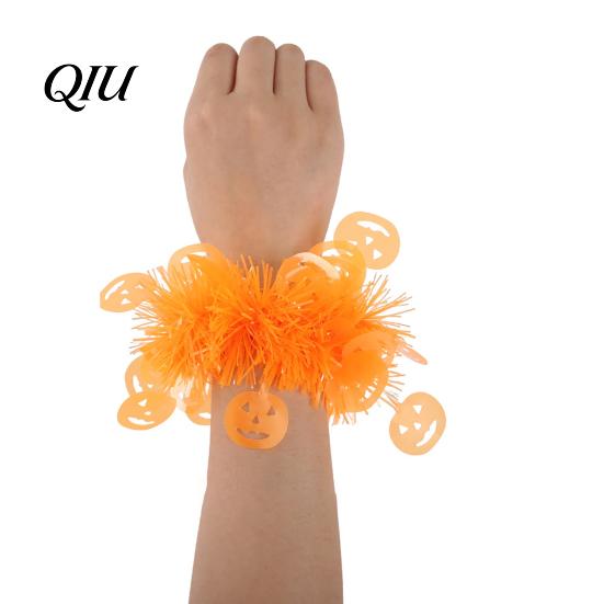 Elastic Wrist Flower for Kids Adults Halloween Cuff, Soft Fluffy Bracelet with Fluorescent PET Ghost Pumpkin Skull Decorative Hand Catwalk Bat, Furry