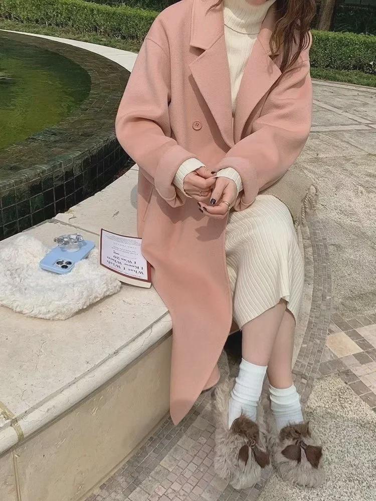 Женское шерстяное пальто средней длины осень/зима 2023 года, стиль Хепберн, свободный крой, корейская мода.