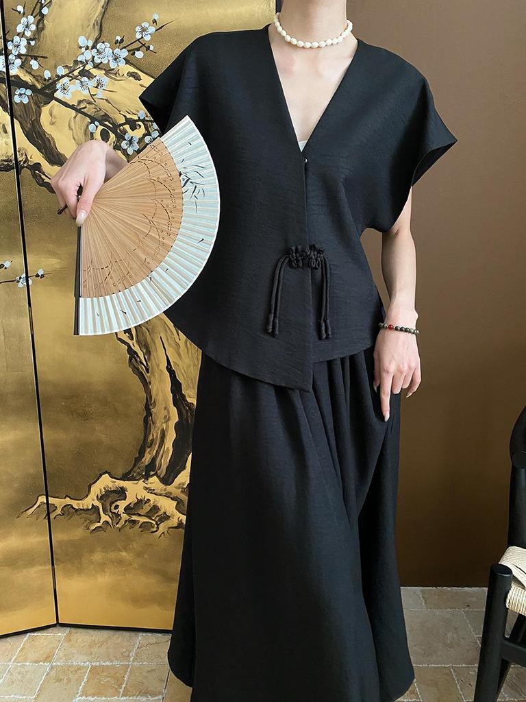 Синан Тенсел Вертикальный Крой Текстурный Топ и Юбка Комплект SN5633 - Современный Китайский Стиль