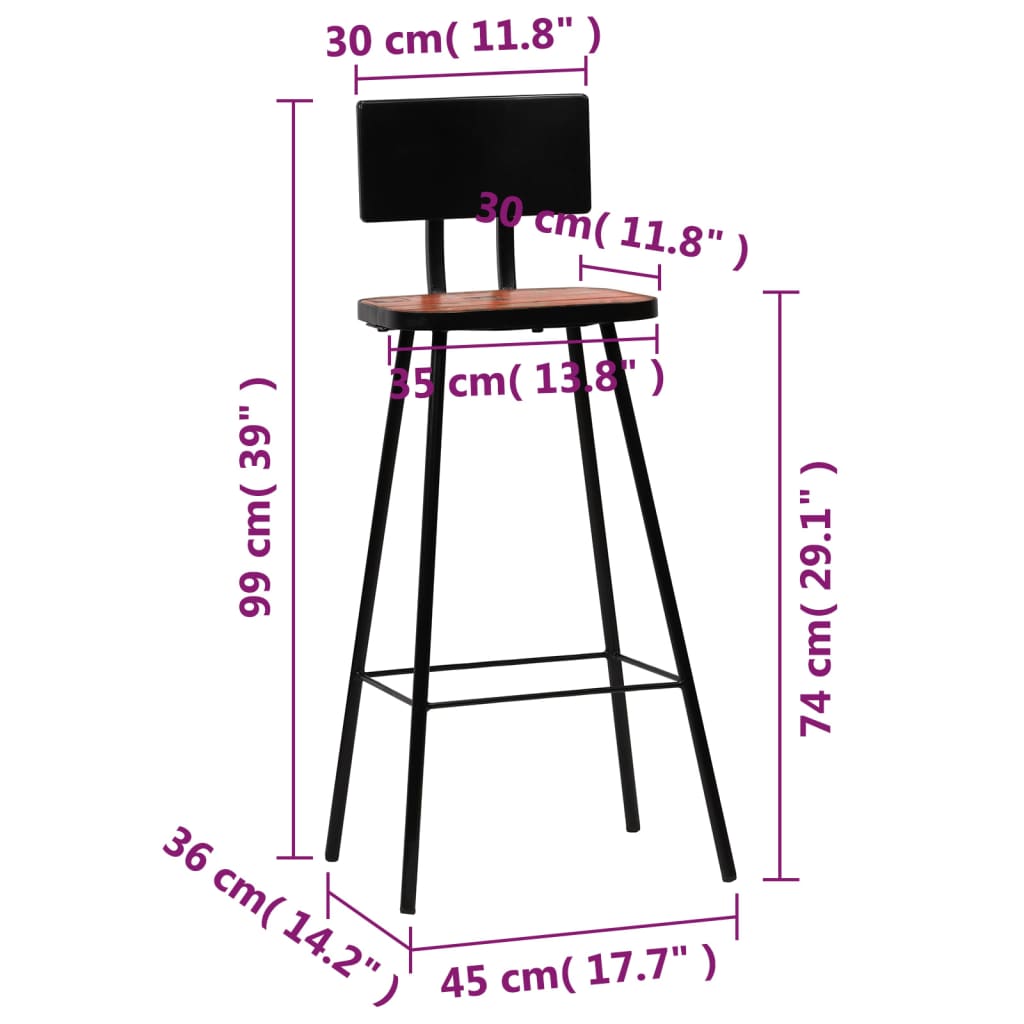Bar Stool Set 2 Pieces Solid Reclaimed Wood