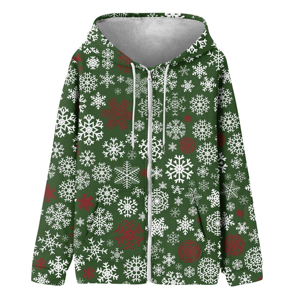 Женская модная повседневная толстовка с рождественским принтом и длинными рукавами, карманная куртка, пальто с капюшоном на молнии