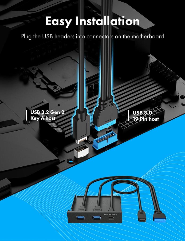 GRAUGEAR Bay Compatible PC Panel 3 Port Hub 20Gbps USB Gen2x2 Port for USB Computers Fits Front Bracket of Computer Chassis 3.5'' Multi-Front 3.2